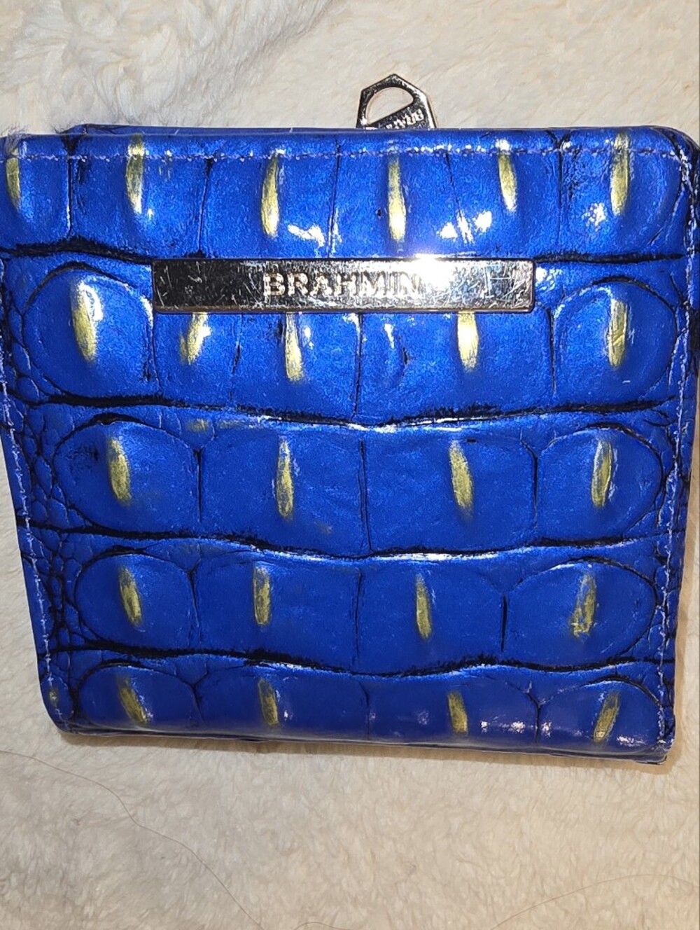 Brahmin Electric Blue Croc-Embossed Compact Wallet with Gold Accents
